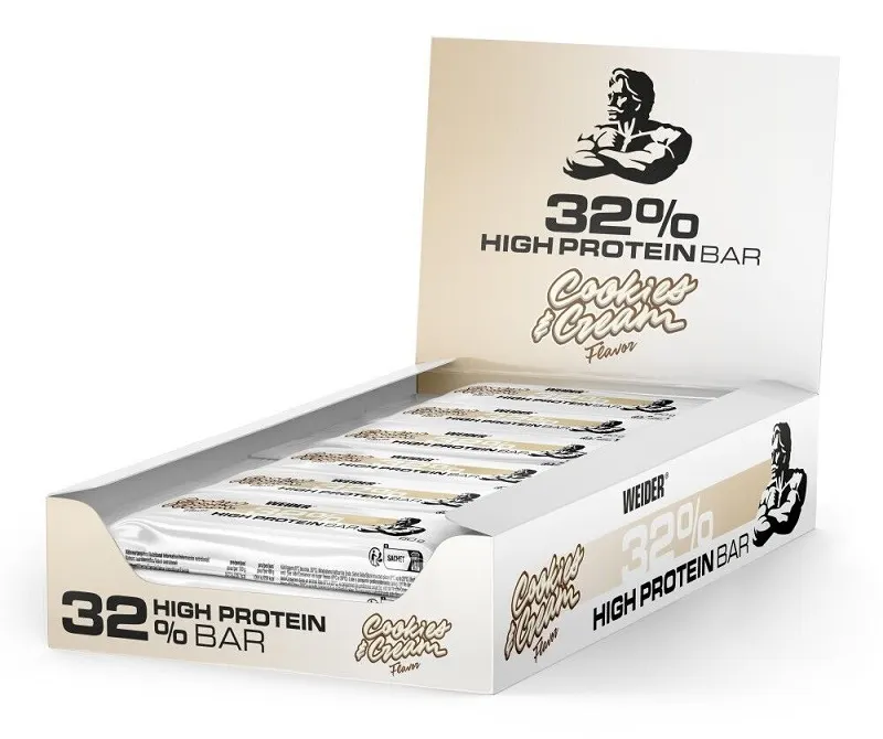 Weider - 32% High Protein Bar, Baton Proteinowy, Cookies & Cream, 12 Batonów x 60g