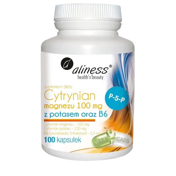 Aliness - Cytrynian Magnezu 100mg, z Potasem i Witaminą B6, 100 kapsułek