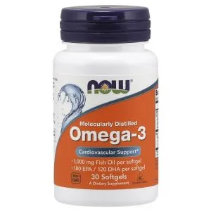 NOW Foods - Omega 3, Molekularnie Destylowany Olej Rybny, 30 kapsułek miękkich
