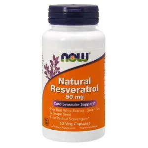 ﻿NOW Foods - Naturalny Resweratrol z Ekstraktem z Czerwonego Wina, Zieloną Herbatą i Pestkami Winogron, 50 mg, 60 vkaps