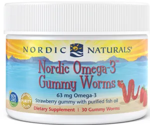 Nordic Naturals - Omega-3 Gummy Worms, 63mg, Smak Truskawkowy, 30 żelek